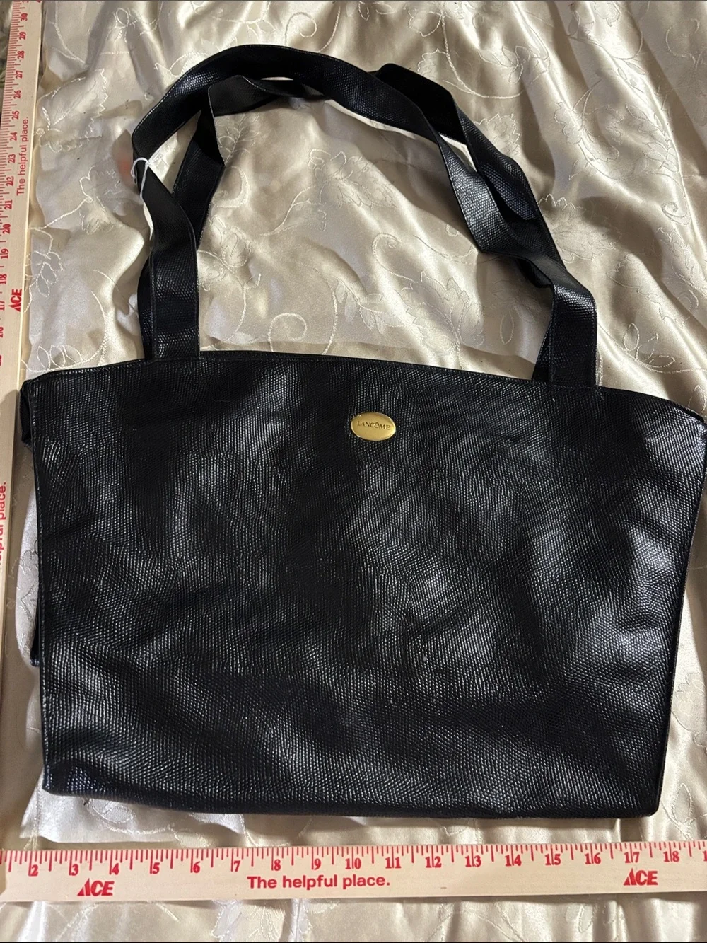 Lancome Black Textured Tote with Gold Logo Plaque